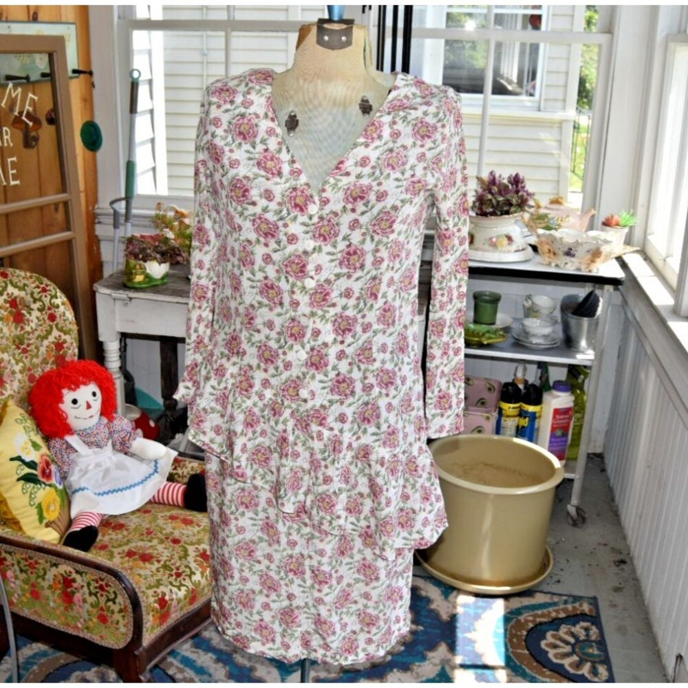 Vintage 80s Karin Stevens Floral Dress Asymmetrical Ruffle Hem Cottagecore Small